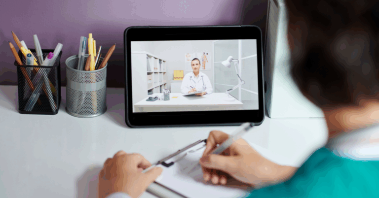 A healthcare professional taking notes during an online meeting with a doctor, symbolizing real-time collaboration and digital financial transformation in education and healthcare institutions.