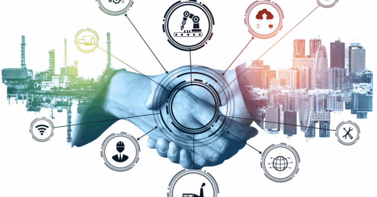 A handshake overlayed with industrial, digital, and business icons symbolizing collaboration across sectors — representing SSA’s partnership with diverse Philippine industries.