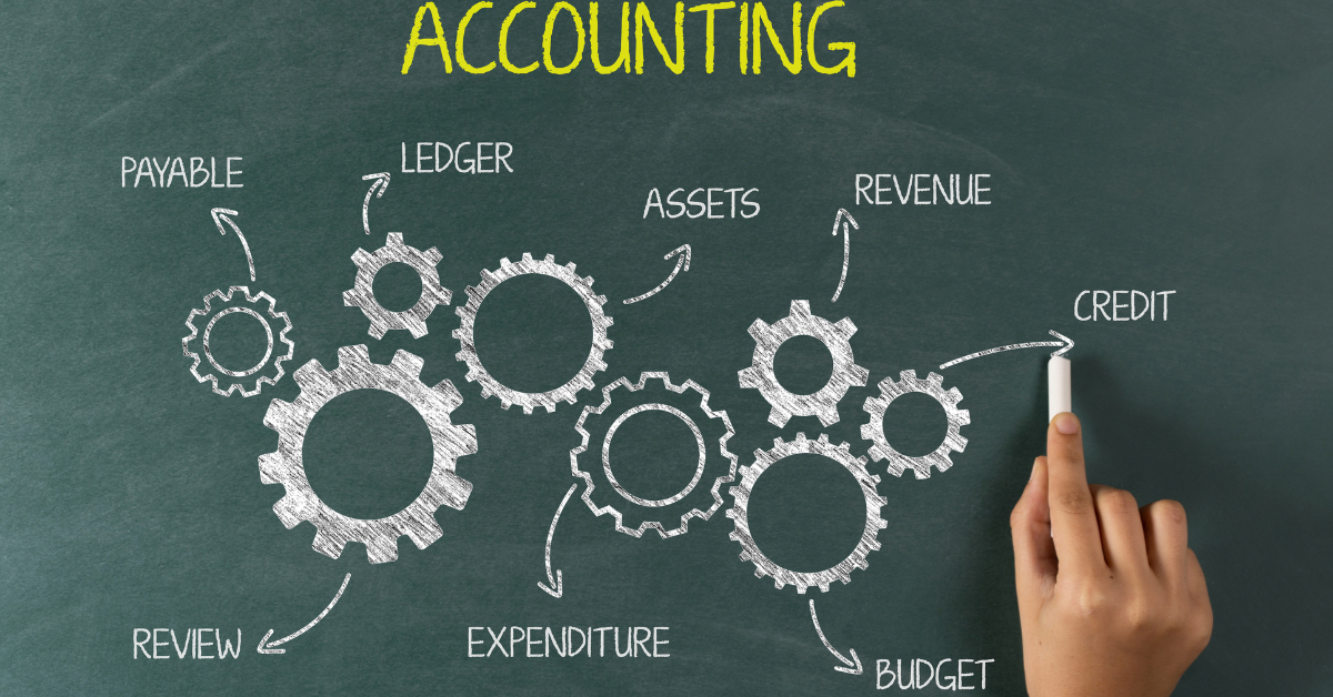 A hand drawing interconnected gears on a chalkboard labeled with accounting terms such as assets, ledger, revenue, and budget — symbolizing how SSA integrates financial systems.